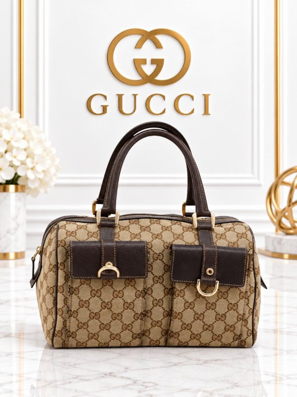 Authentic Gucci Abbey GG Canvas Boston Bag Brown Leather Vintage Satchel